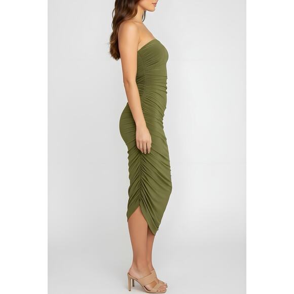Norma Kamali Strapless Diana Ruched Dress Stretch Midi Olive Green Size XL - Picture 2 of 13